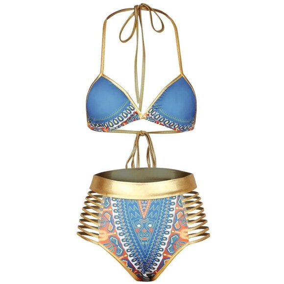Gorgeous Ultra Sexy Goddess in Gold Boho Aztec Print Bikini Swimsuit Strappy NEW - Picture 5 of 12